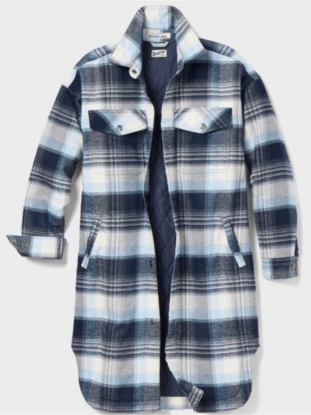 Duluth Trading Co Blue & White Long Plaid Shirtjac